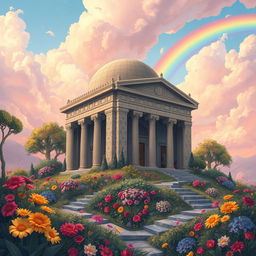 A beautifully detailed illustration of the Tomb of Cyrus the Great, situated in a dreamy, fantastical landscape