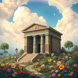 A beautifully detailed illustration of the Tomb of Cyrus the Great, situated in a dreamy, fantastical landscape