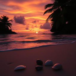 A serene and picturesque beach scene during sunset, showcasing gentle waves lapping at the shore