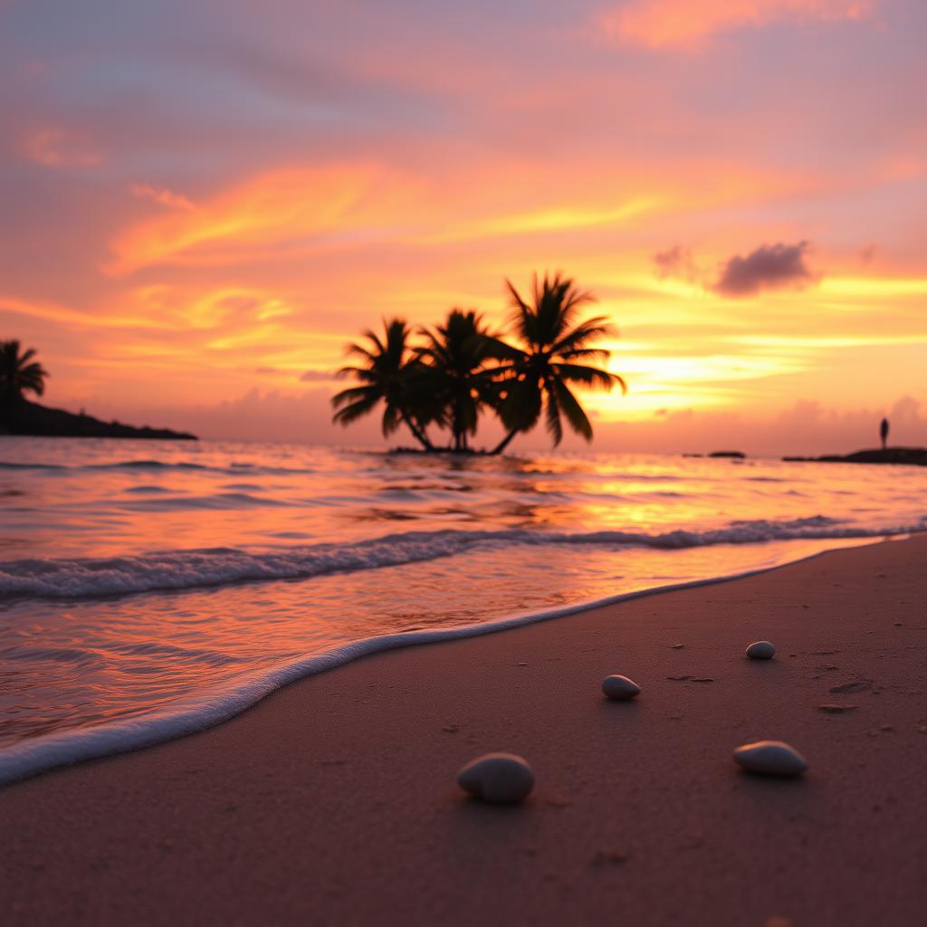 A serene and picturesque beach scene during sunset, showcasing gentle waves lapping at the shore