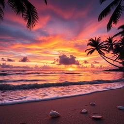 A serene and picturesque beach scene during sunset, showcasing gentle waves lapping at the shore