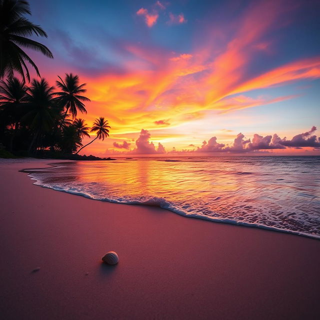 A serene and picturesque beach scene during sunset, showcasing gentle waves lapping at the shore