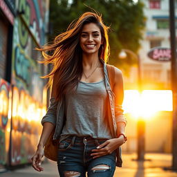 A beautiful, confident woman exploring a vibrant urban landscape at sunset, dressed in stylish casual clothing