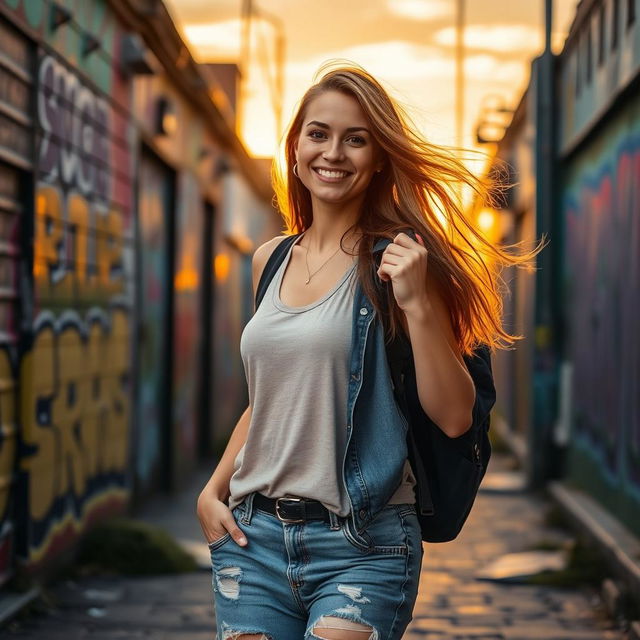 A beautiful, confident woman exploring a vibrant urban landscape at sunset, dressed in stylish casual clothing