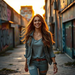 A beautiful, confident woman exploring a vibrant urban landscape at sunset, dressed in stylish casual clothing