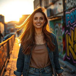A beautiful, confident woman exploring a vibrant urban landscape at sunset, dressed in stylish casual clothing