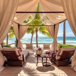 A luxurious cabana with elegant decor, featuring comfortable lounge chairs and a shaded area surrounded by palm trees