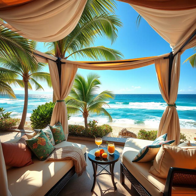 A luxurious cabana with elegant decor, featuring comfortable lounge chairs and a shaded area surrounded by palm trees