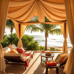 A luxurious cabana with elegant decor, featuring comfortable lounge chairs and a shaded area surrounded by palm trees