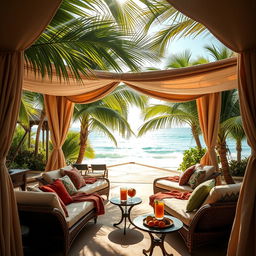 A luxurious cabana with elegant decor, featuring comfortable lounge chairs and a shaded area surrounded by palm trees
