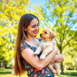 A young woman with long brown hair dressed in a casual colorful top, standing outdoors in a sunny park, joyfully holding a small, fluffy golden retriever puppy in her arms