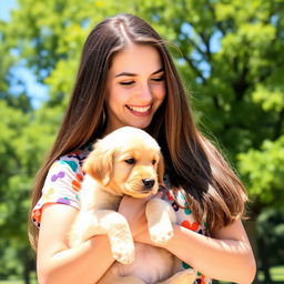 A young woman with long brown hair dressed in a casual colorful top, standing outdoors in a sunny park, joyfully holding a small, fluffy golden retriever puppy in her arms