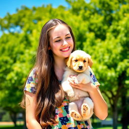 A young woman with long brown hair dressed in a casual colorful top, standing outdoors in a sunny park, joyfully holding a small, fluffy golden retriever puppy in her arms
