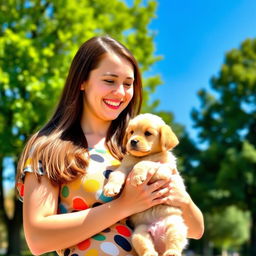A young woman with long brown hair dressed in a casual colorful top, standing outdoors in a sunny park, joyfully holding a small, fluffy golden retriever puppy in her arms