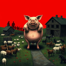 A powerful, dominant pig at the center representing the rise of pigs to power, either standing on two legs or elevated to symbolize authority