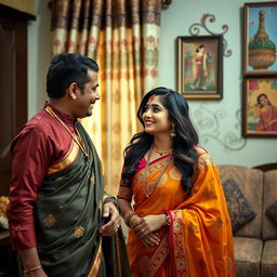 A beautiful Indian woman, dressed in traditional attire, gracefully interacting with her brother-in-law (dever)