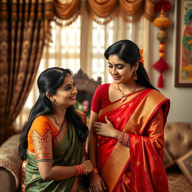 A beautiful Indian woman, dressed in traditional attire, gracefully interacting with her brother-in-law (dever)