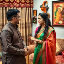 A beautiful Indian woman, dressed in traditional attire, gracefully interacting with her brother-in-law (dever)