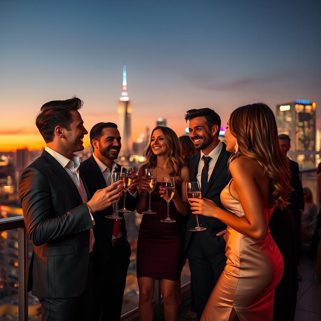 A captivating scene featuring a group of attractive men and women engaged in flirtatious conversation at a luxurious rooftop party during sunset