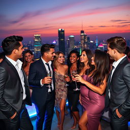 A captivating scene featuring a group of attractive men and women engaged in flirtatious conversation at a luxurious rooftop party during sunset