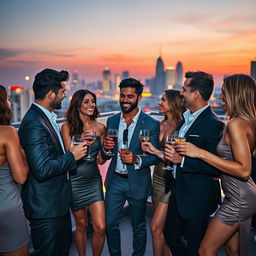 A captivating scene featuring a group of attractive men and women engaged in flirtatious conversation at a luxurious rooftop party during sunset