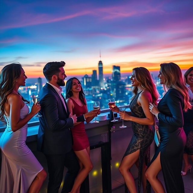 A captivating scene featuring a group of attractive men and women engaged in flirtatious conversation at a luxurious rooftop party during sunset