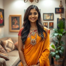 A beautiful Indian woman wearing a traditional saree, adorned with intricate jewelry, including a stunning mangalsutra around her neck