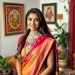 A beautiful Indian woman wearing a traditional saree, adorned with intricate jewelry, including a stunning mangalsutra around her neck