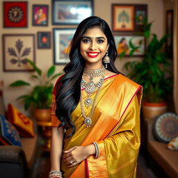 A beautiful Indian woman wearing a traditional saree, adorned with intricate jewelry, including a stunning mangalsutra around her neck