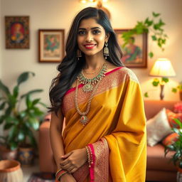 A beautiful Indian woman wearing a traditional saree, adorned with intricate jewelry, including a stunning mangalsutra around her neck