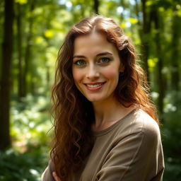 A 40-year-old white woman with long, brown, curly hair and hazel eyes, displaying a very natural and modest appearance