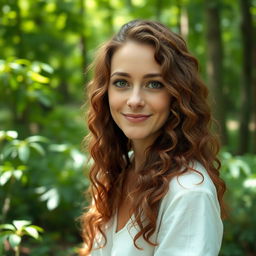 A 40-year-old white woman with long, brown, curly hair and hazel eyes, displaying a very natural and modest appearance