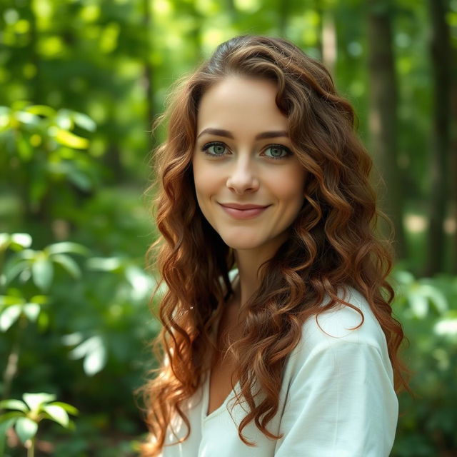 A 40-year-old white woman with long, brown, curly hair and hazel eyes, displaying a very natural and modest appearance