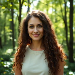 A 40-year-old white woman with long, brown, curly hair and hazel eyes, displaying a very natural and modest appearance