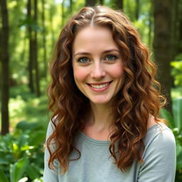 A 40-year-old white woman with long, brown, curly hair and hazel eyes, displaying a very natural and modest appearance