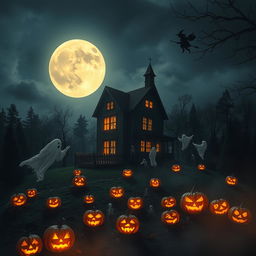 A spooky Halloween scene featuring a full moon illuminating a haunted house on a hill surrounded by dark trees