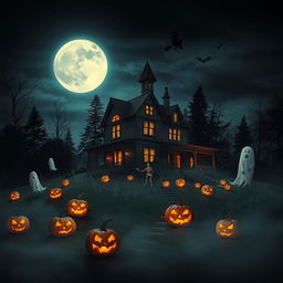 A spooky Halloween scene featuring a full moon illuminating a haunted house on a hill surrounded by dark trees