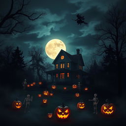 A spooky Halloween scene featuring a full moon illuminating a haunted house on a hill surrounded by dark trees