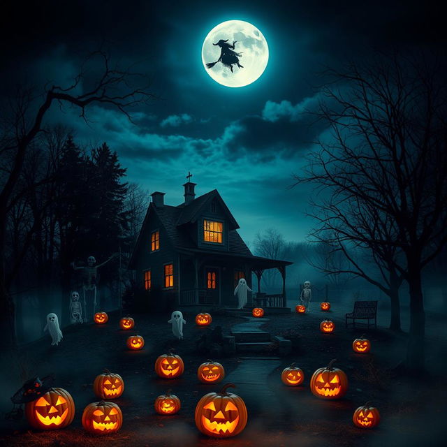 A spooky Halloween scene featuring a full moon illuminating a haunted house on a hill surrounded by dark trees