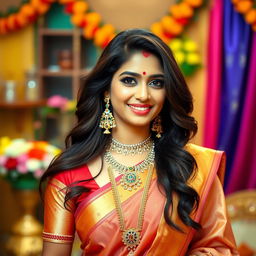 A beautiful Indian woman dressed in traditional attire, wearing an elegant mangalsutra (a symbol of marriage)