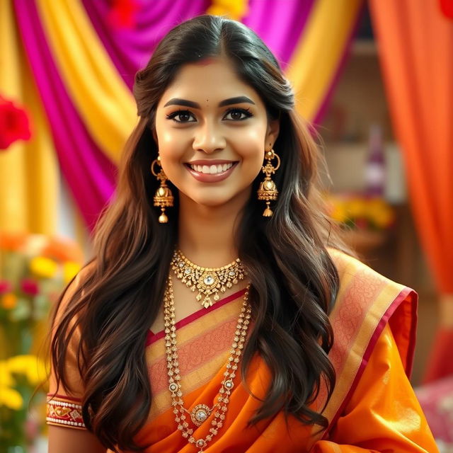 A beautiful Indian woman dressed in traditional attire, wearing an elegant mangalsutra (a symbol of marriage)