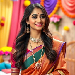 A beautiful Indian woman dressed in traditional attire, wearing an elegant mangalsutra (a symbol of marriage)