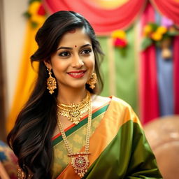 A beautiful Indian woman dressed in traditional attire, wearing an elegant mangalsutra (a symbol of marriage)