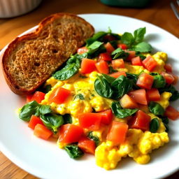 A beautifully presented plate of scrambled egg omelet mixed with fresh spinach, diced tomatoes, and red bell peppers