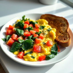 A beautifully presented plate of scrambled egg omelet mixed with fresh spinach, diced tomatoes, and red bell peppers