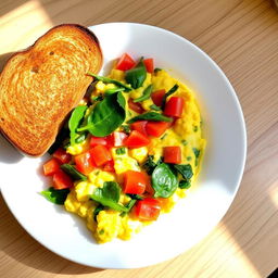 A beautifully presented plate of scrambled egg omelet mixed with fresh spinach, diced tomatoes, and red bell peppers