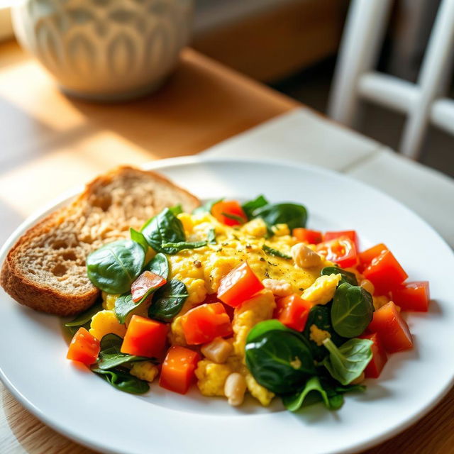 A beautifully presented plate of scrambled egg omelet mixed with fresh spinach, diced tomatoes, and red bell peppers