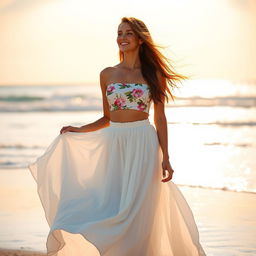 A fashionable woman wearing a stylish long white skirt that flows elegantly to her ankles, paired with a fitted crop top adorned with floral patterns