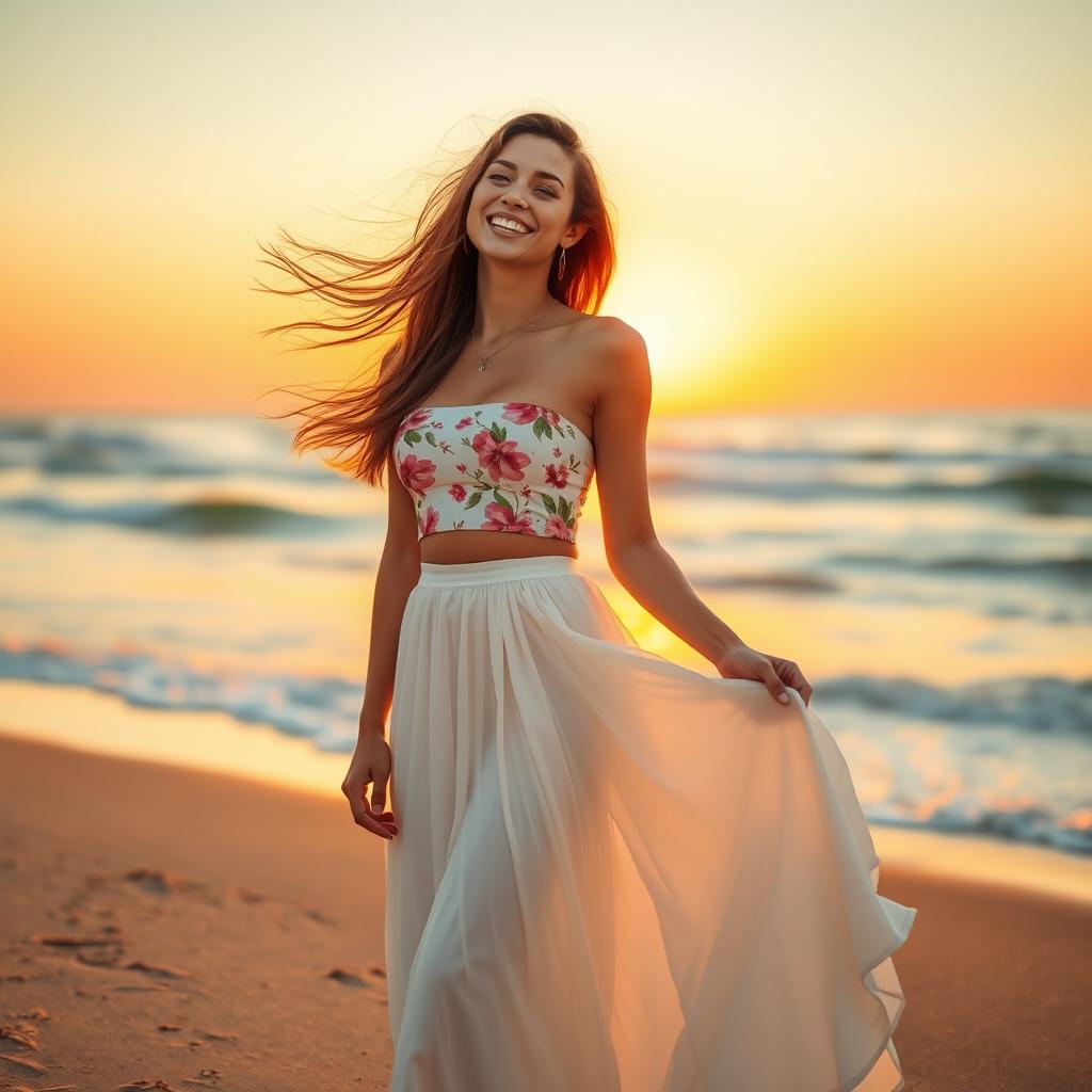 A fashionable woman wearing a stylish long white skirt that flows elegantly to her ankles, paired with a fitted crop top adorned with floral patterns