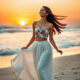 A fashionable woman wearing a stylish long white skirt that flows elegantly to her ankles, paired with a fitted crop top adorned with floral patterns